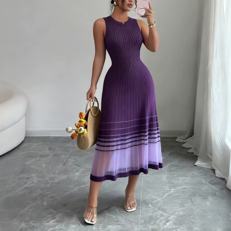 Robe midi décontractée pour femme, sans manches, col rond, en maille élastique, avec ourlet transpar