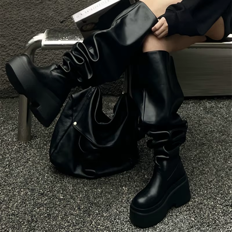 Bottes hautes au genou pour femmes, chaussons longs plissés à enfiler, talons carrés, chaussures pou