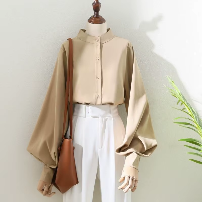 Chemise à manches longues lanterne pour femme, chemisiers de style printemps et automne, col montant