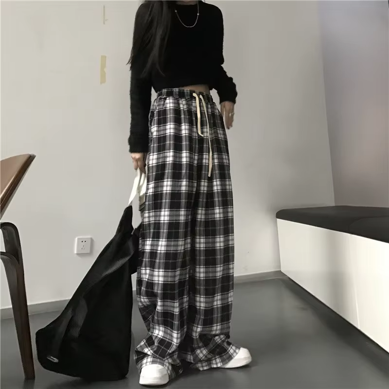 Pantalon de survêtement oversize pour femme, motif écossais noir, décontracté, coupe ample, taille é