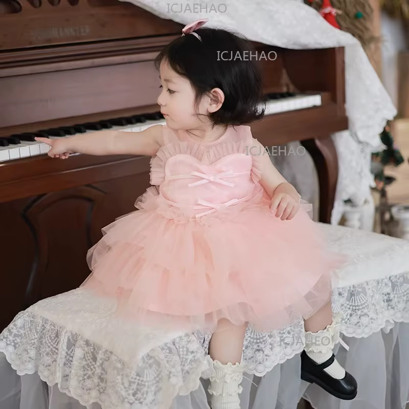 Robe de Premier Anniversaire pour Filles, Robe de Princesse Rose Pâle Premium, Robe de Demoiselle d'