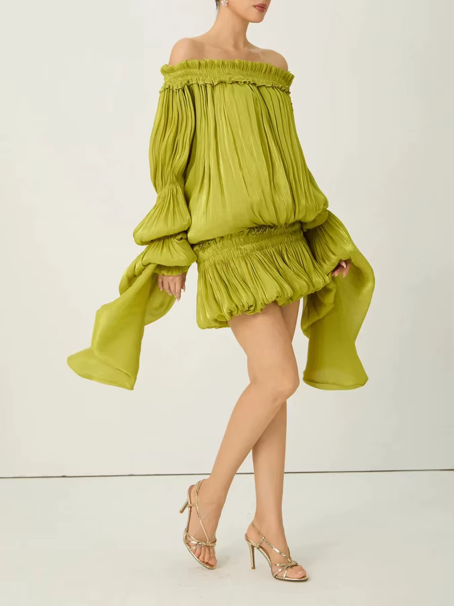 Robe ample unie à plis et empiècements TWOTWINSTYLE pour femme, col bateau, manches longues, robes a