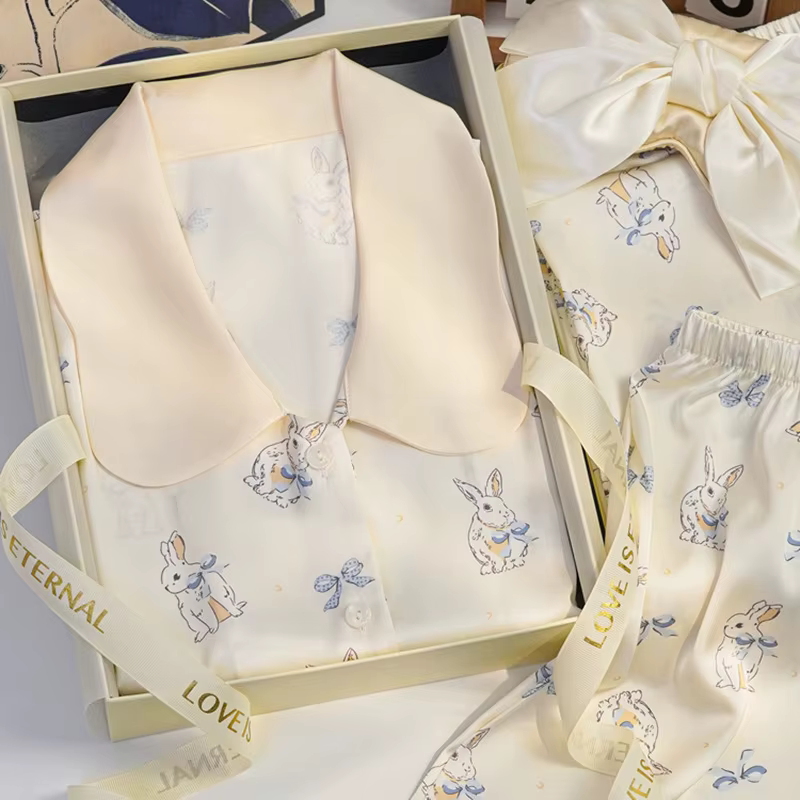 Pyjama en soie glacée pour femme, ensemble trois pièces, pantalon à manches courtes, imprimé lapin m