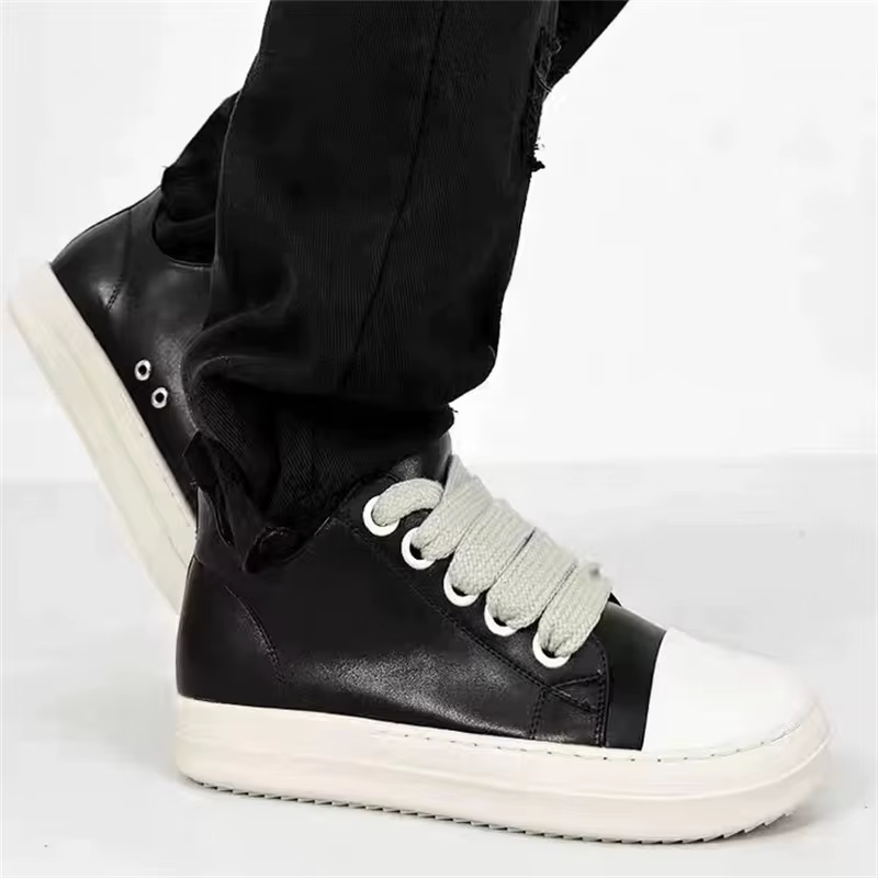 Hommes femmes plate-forme baskets en cuir noir fermeture éclair à lacets chaussures décontractées fo
