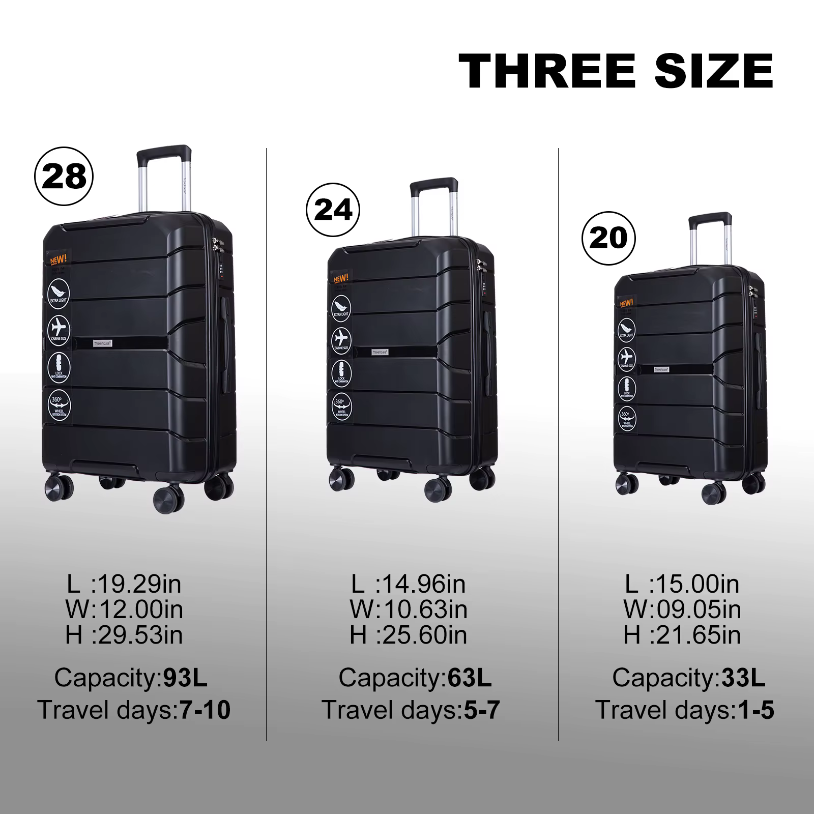 Travelhouse-Ensemble de Valises Rigides Légères avec Serrure TSA, Roues Spinner, PP, 3 Pièces, 20/24