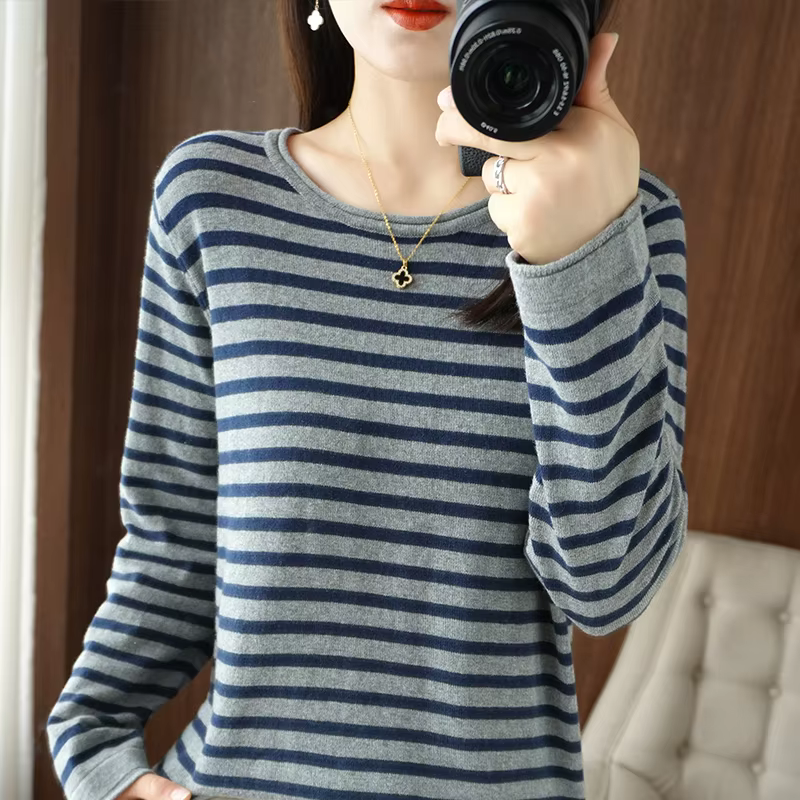 Femmes 100% coton pull frisé col rond bande pull automne hiver décontracté tricot vêtements mode dou
