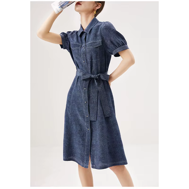 Robe d'été pour femme avec imprimé denim, poids lourd, conception de ceinture, fouet, nouveau, Hangz