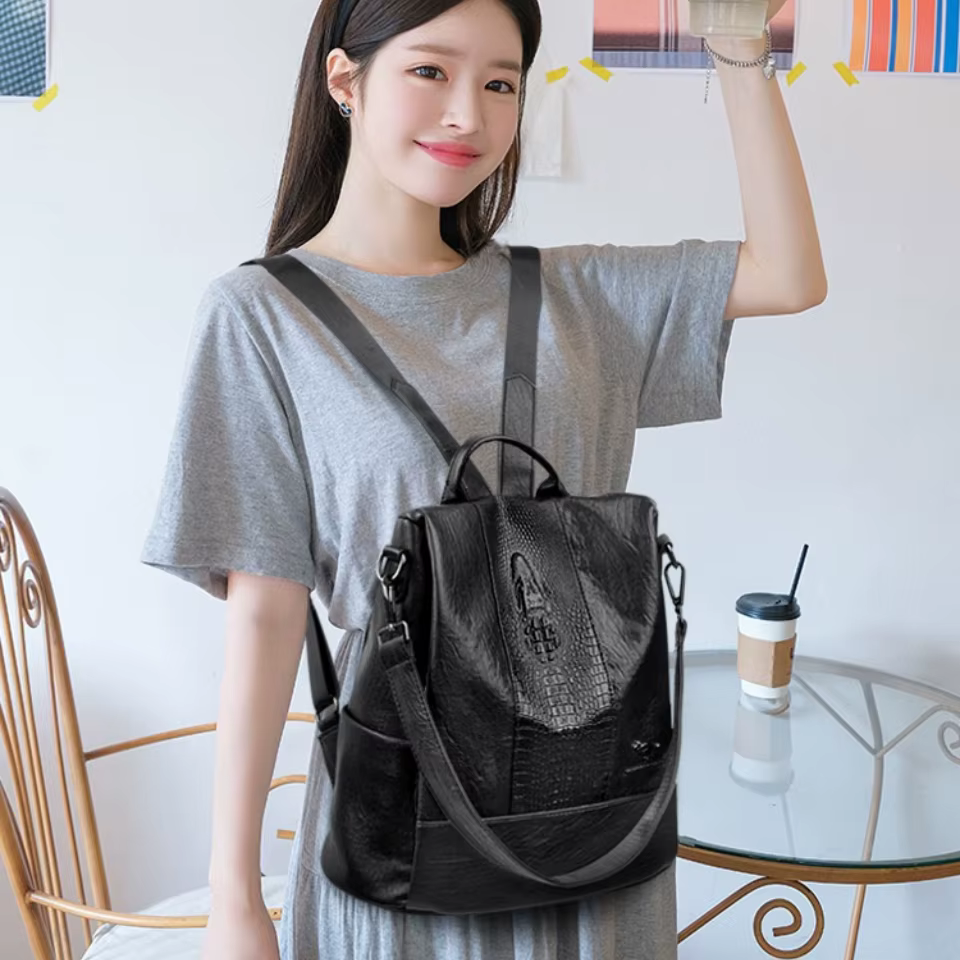 Sac à dos en cuir à motif crocodile pour femmes, sacs d'école pour filles, sac à dos de grande capac