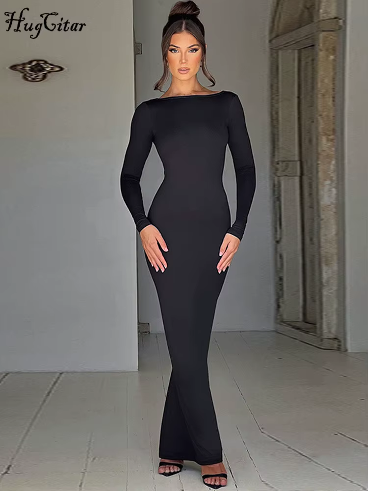 Hugcitar printemps élégant à manches longues dos nu solide froncé Sexy moulante Maxi robe de bal fem
