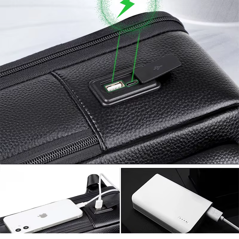 100% sac à dos en cuir véritable hommes 15.6 pouces sac à dos pour ordinateur portable USB Charge an