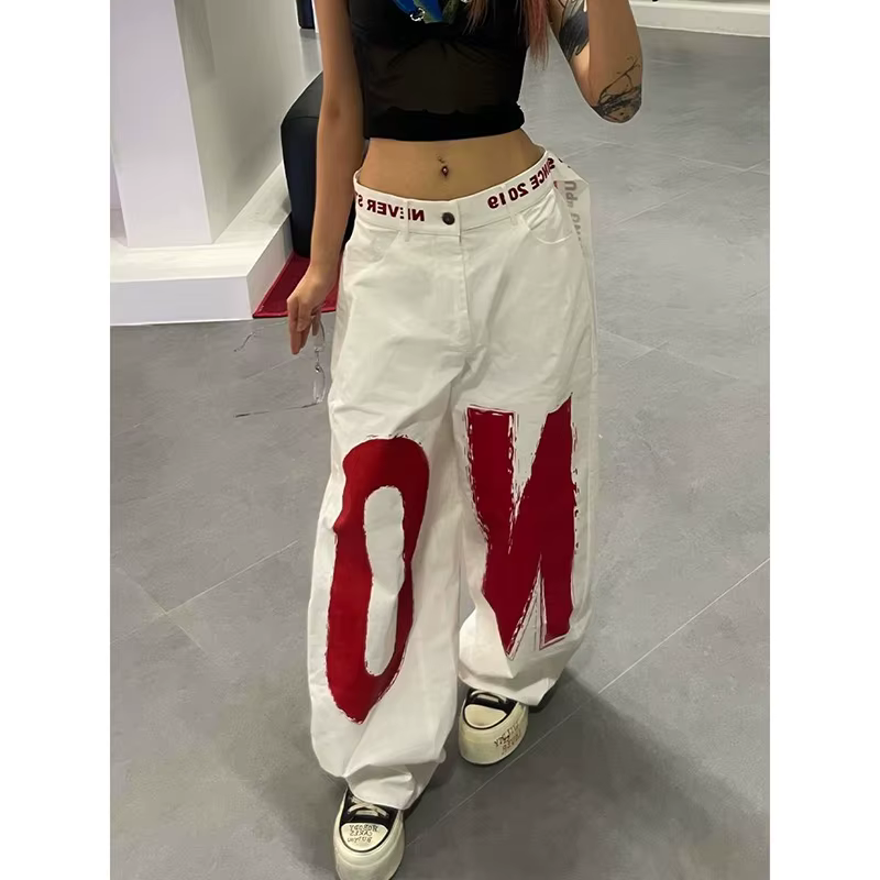 ZHIZOU femmes blanc lettre imprimer Y2k Baggy jean 2000s Style Denim pantalon Harajuku Vintage surdi