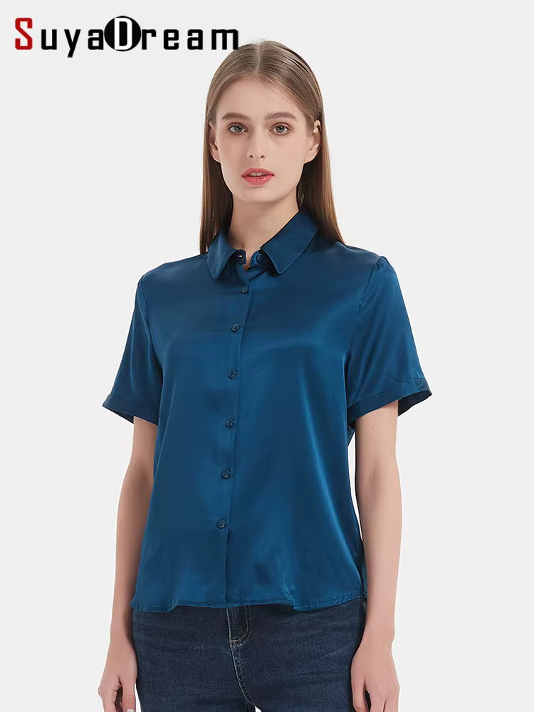 SuyaDream, Chemises unies pour femme, 95% Soie 5% Spandex, Manches courtes, Blouses blanches chics, 