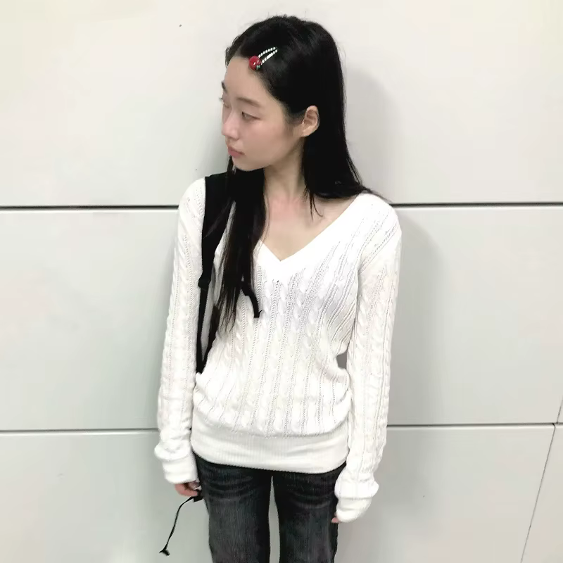 Karrram japonais Y2k col en v blanc pull Vintage Harajuku tricot mince pull Style coréen automne hiv