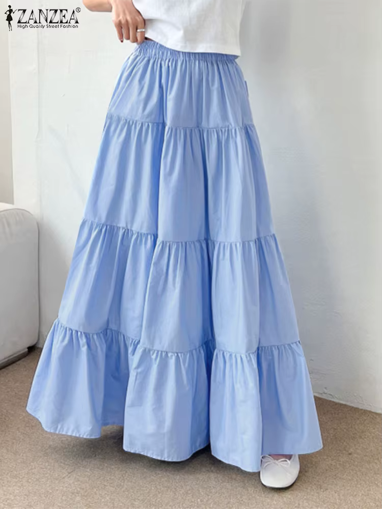 ZANZEA-Jupe Maxi à Plusieurs Niveaux pour Femmes, Taille artificiel astique, Décontracté, Solide, Do