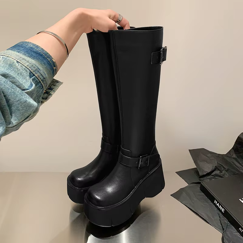 Chaussures pour femmes, bottes classiques à hauteur de genou, avec boucle de ceinture, fermeture écl