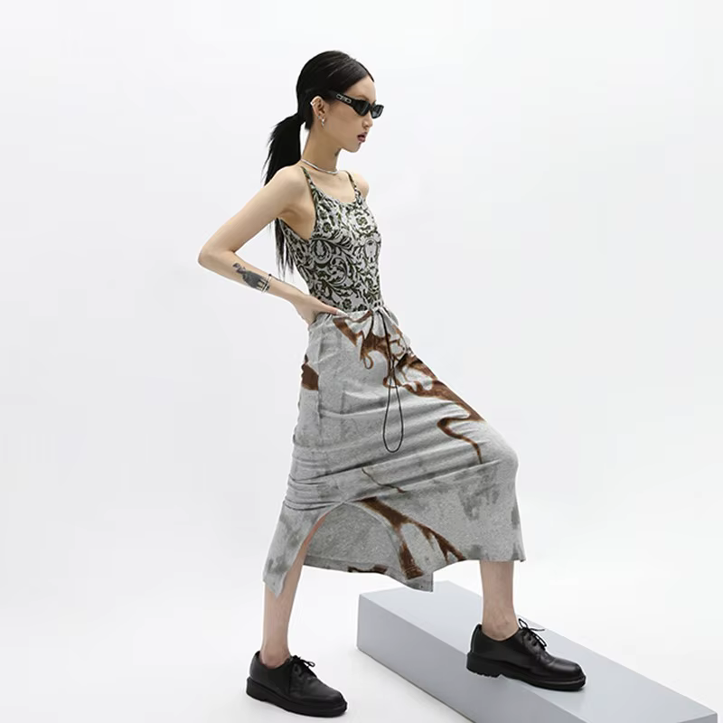 Karrcat-Jupe Mi-Longue Imprimée Grunge Irrégulière, Vintage Japonais, Harajuku, E-girl, Fente Latéra