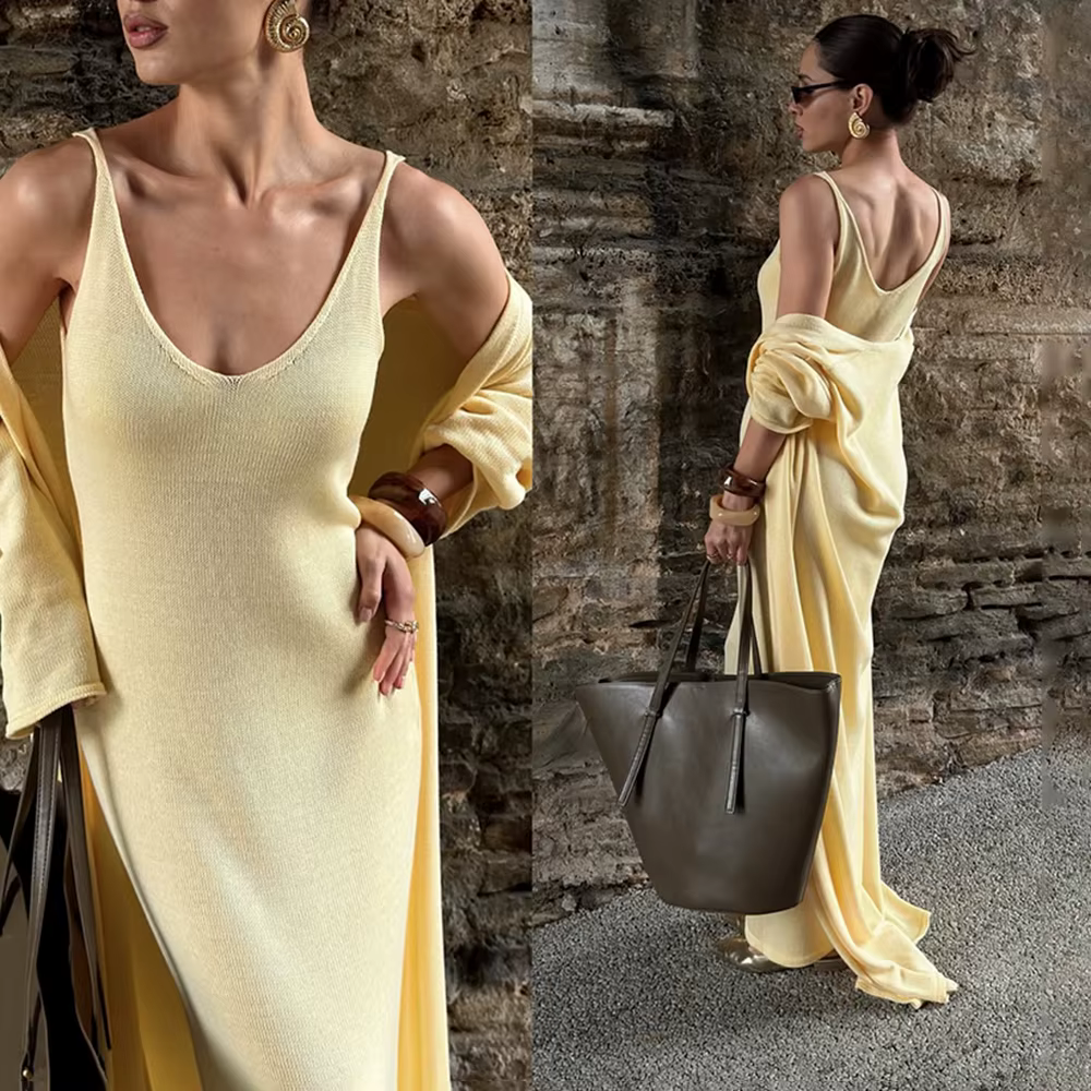 Tuularose femmes robe longue 2 pièces solide tricoté Spaghetti sangle robe à manches longues Cardiga