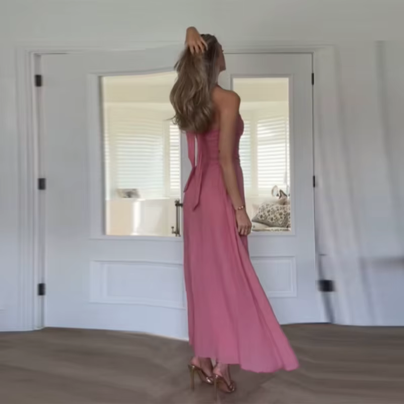 Robe longue rose à licou pour femme, sans manches, dos nu, froncée, élégante, pour soirée, nouvelle 
