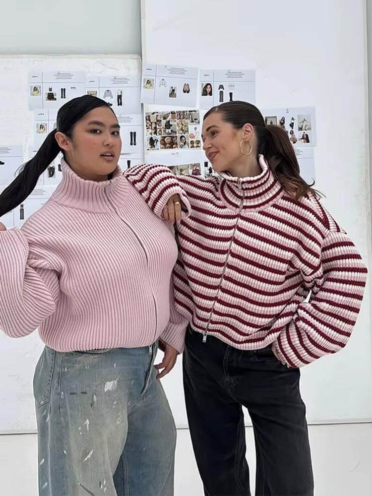 Cardigan décontracté en maille rayée pour femme, avec double fermeture éclair, manches longues, col 