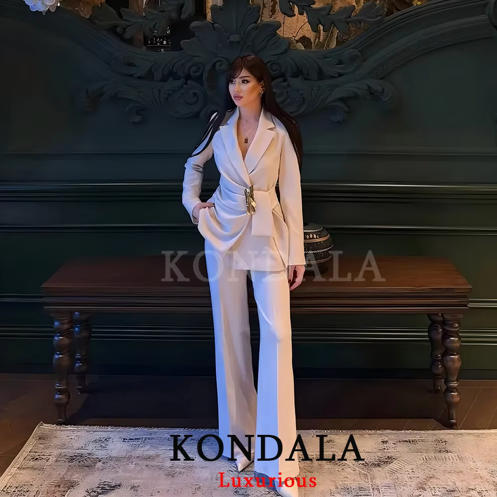 KONDALA – Nouveauté Chic pour Femme : Ensemble Blazer Blanc Uni à Manches Longues et Pantalon Long Z