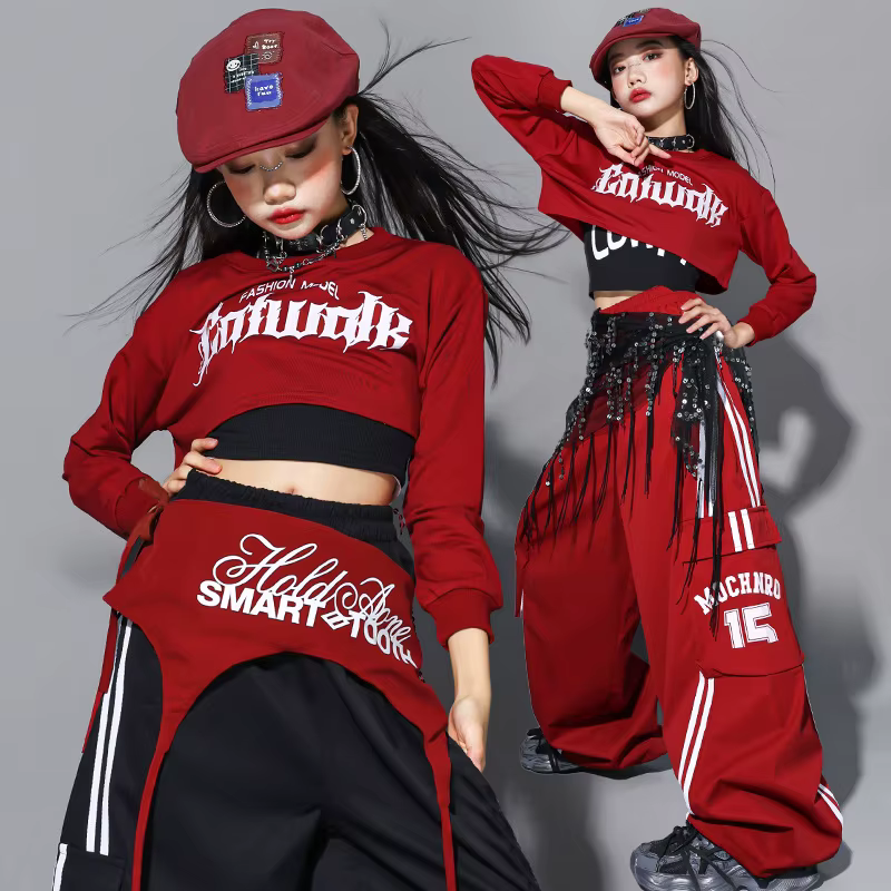Ensemble de vêtements pour filles Hip Hop, sweat-shirt court à nœud rouge, pantalon cargo, costume d