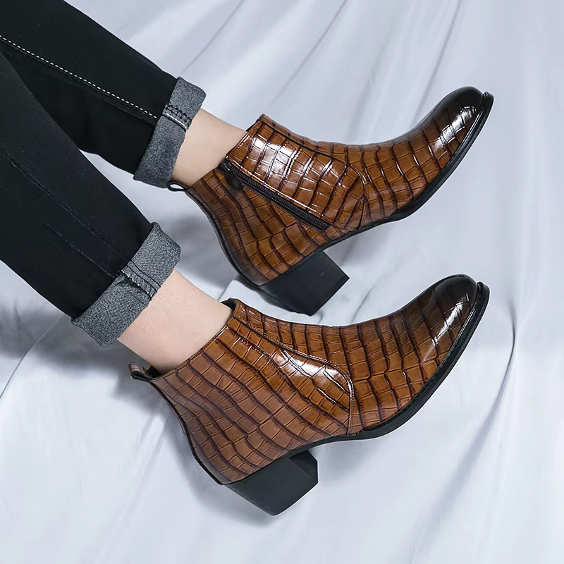 Hommes talons hauts Chelsea bottes PU motif en relief pointu mode classique Banquet hommes bottes