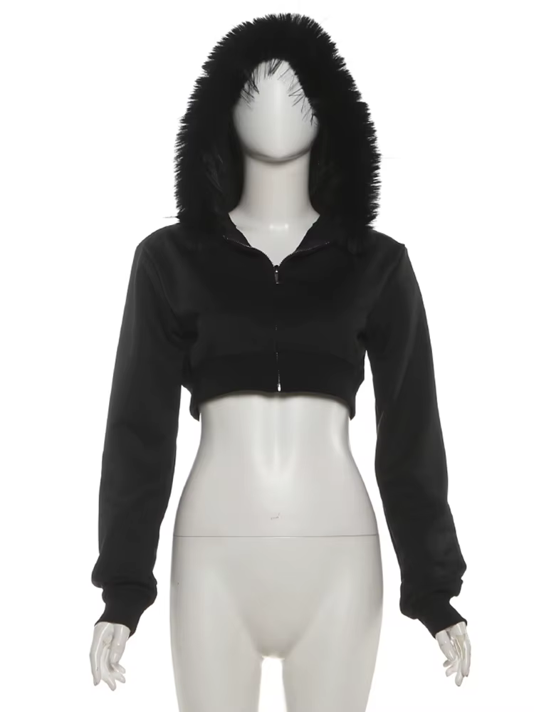 SIsterlinda Tendance Furry Patchwork Veste Femmes À Capuche Automne Tendance Zip Super Court À Manch