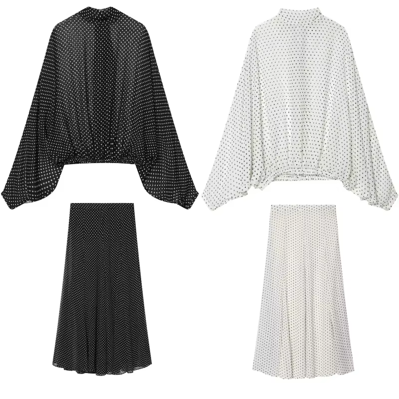 Ensemble jupe et chemisier à pois pour femme ETJ, collection Printemps 2026, col montant, manches ch