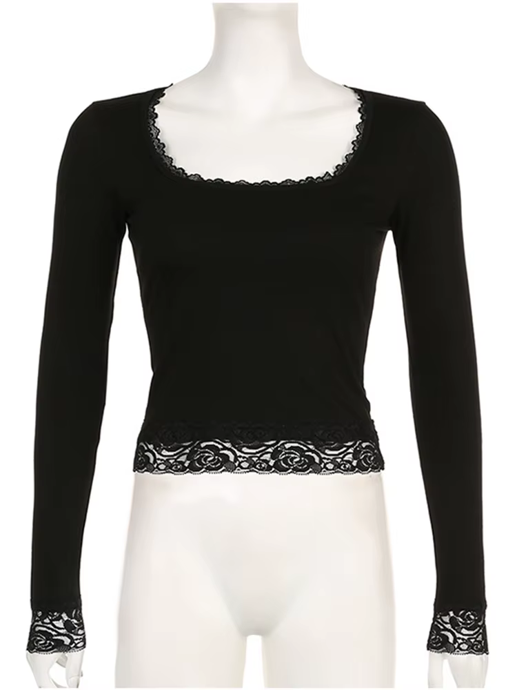 T-shirt manches longues pour femmes, Vintage, fée Grunge, garniture en dentelle, Slim, convient aux 