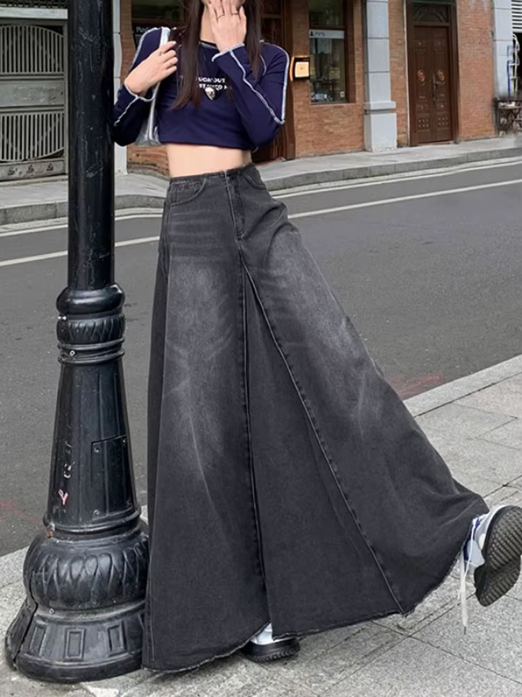 Jupe en jean plissée à volants taille haute pour femmes, jupes longues maxi pour femmes, jupe en jea
