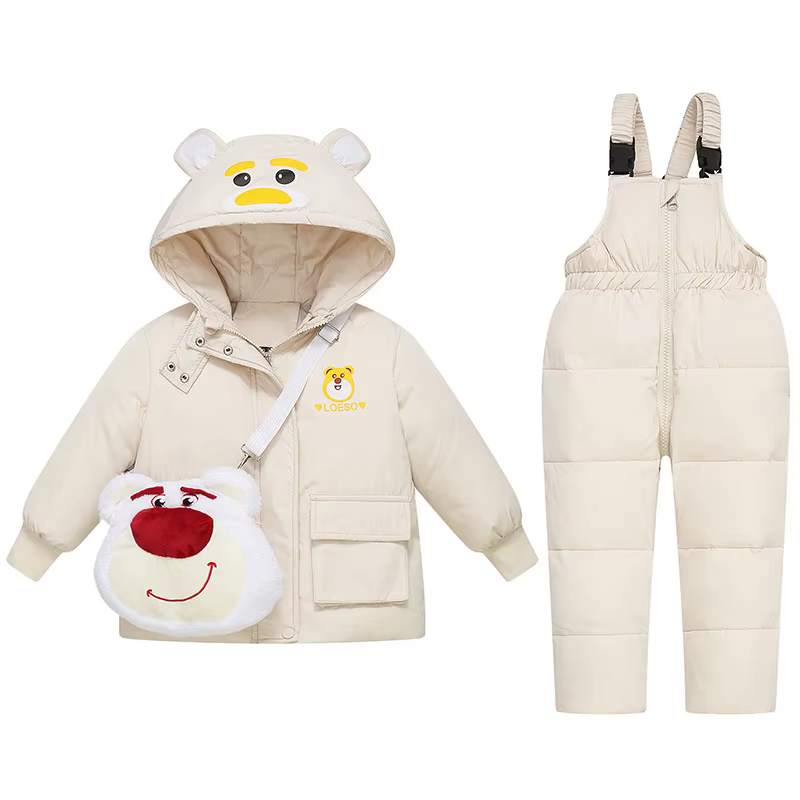 Doudoune à capuche ours dessin animé pour enfants, ensemble de vêtements pour filles, salopette pour