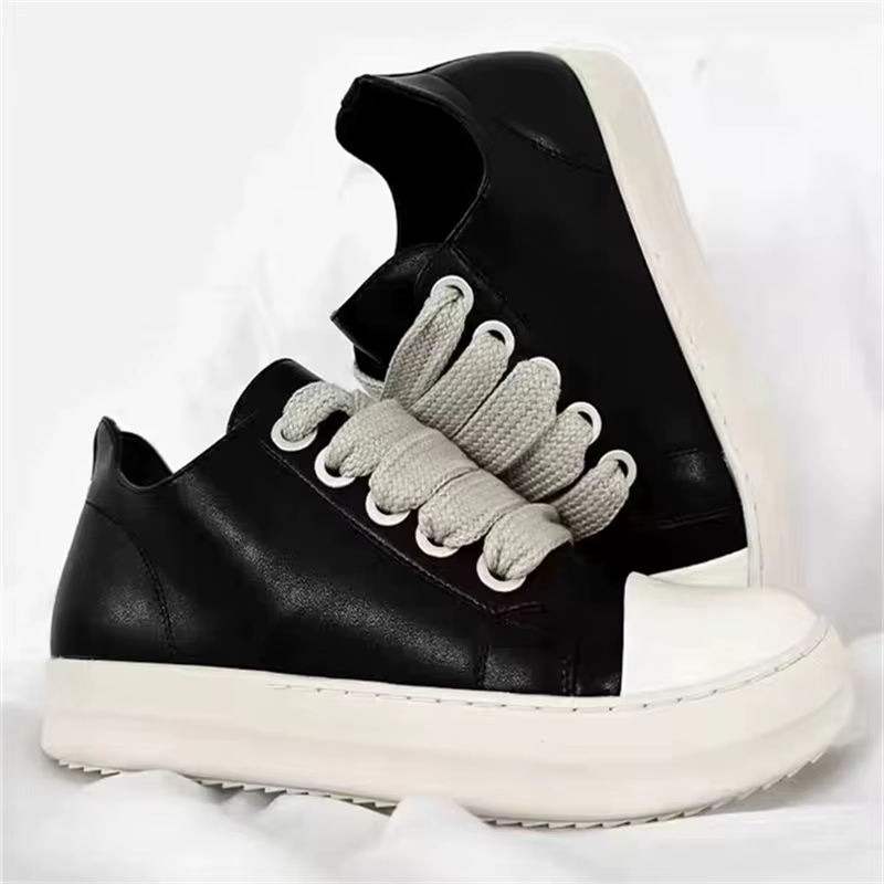 Hommes femmes plate-forme baskets en cuir noir fermeture éclair à lacets chaussures décontractées fo