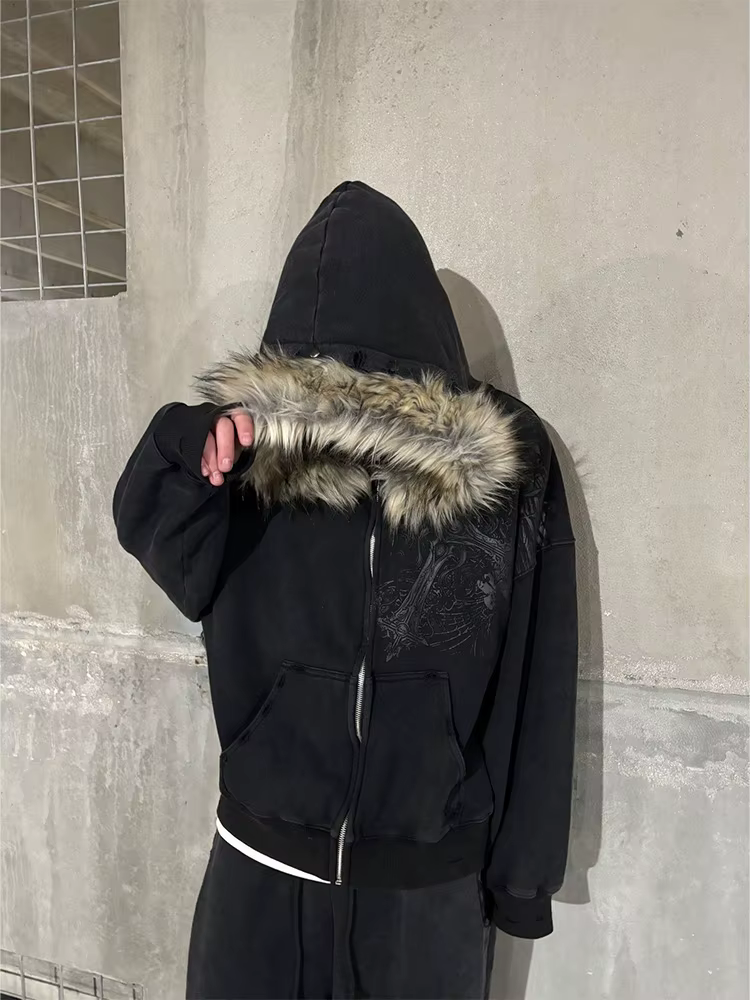 Hoodies zippés pour femmes, style Y2K, esthétique Harajuku, avec col en fausse fourrure, graphiques
