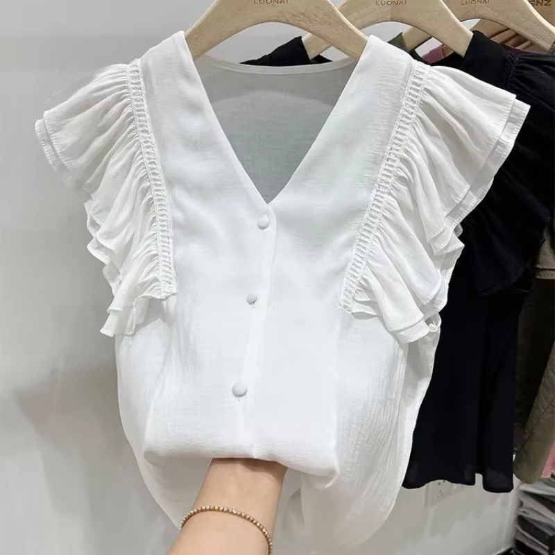 Chemises à manches volantes pour femmes, style français, à volants, de niche, solide, tout assressen