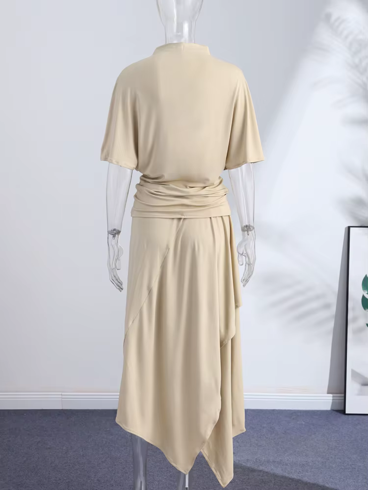 Ensemble élégant chemise asymétrique et jupe pour femme – Chemises unies à manches courtes et col ro