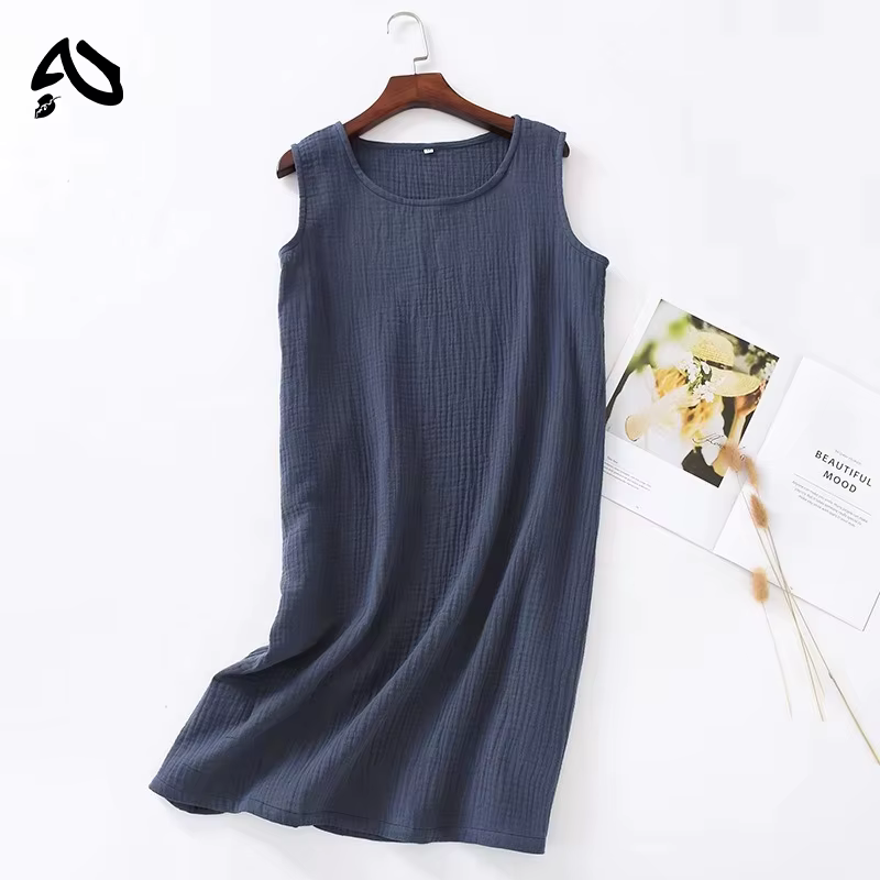 Robe d'été vintage originale 100 % coton gaze, col rond uni, courte ou longue, basique, pour femme, 