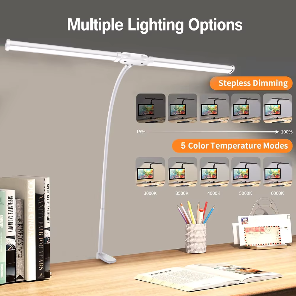 Lampe de bureau de lecture LED à Double/simple tête, bras pivotant pliable, avec Clip, poste de trav