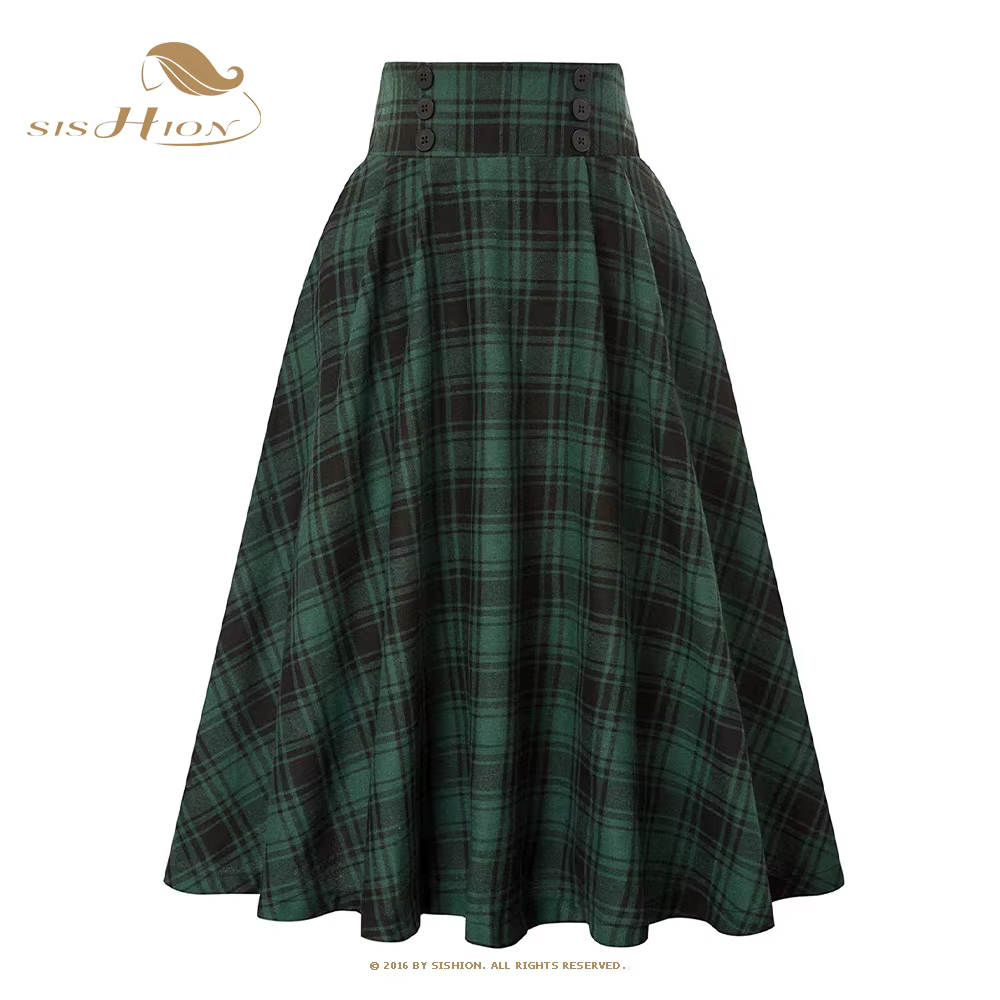 SISHION 2025 automne nouveau une ligne boutons pivotants longue Midi Vintage Jupe SS0037 rouge vert 