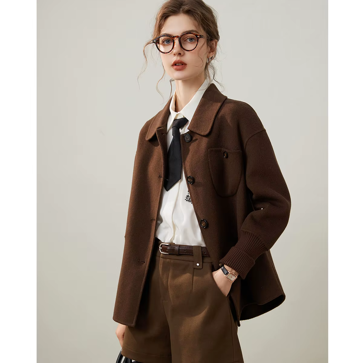 Modiis Yao-Manteau en laine double face pour femme, manteau en laine à manches longues, revers à la 