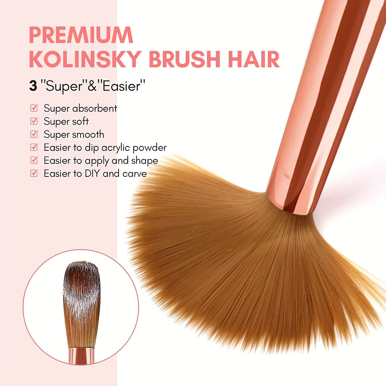 Kolinsky – ensemble de pinceaux à ongles en acrylique, taille 8/10/14, pour Application de poudre ac