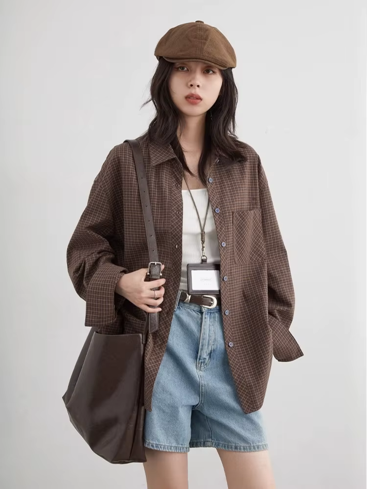 CHIC VEN femmes chemise ample décontracté simple boutonnage nouveau rétro contraste Plaid brodé Blou