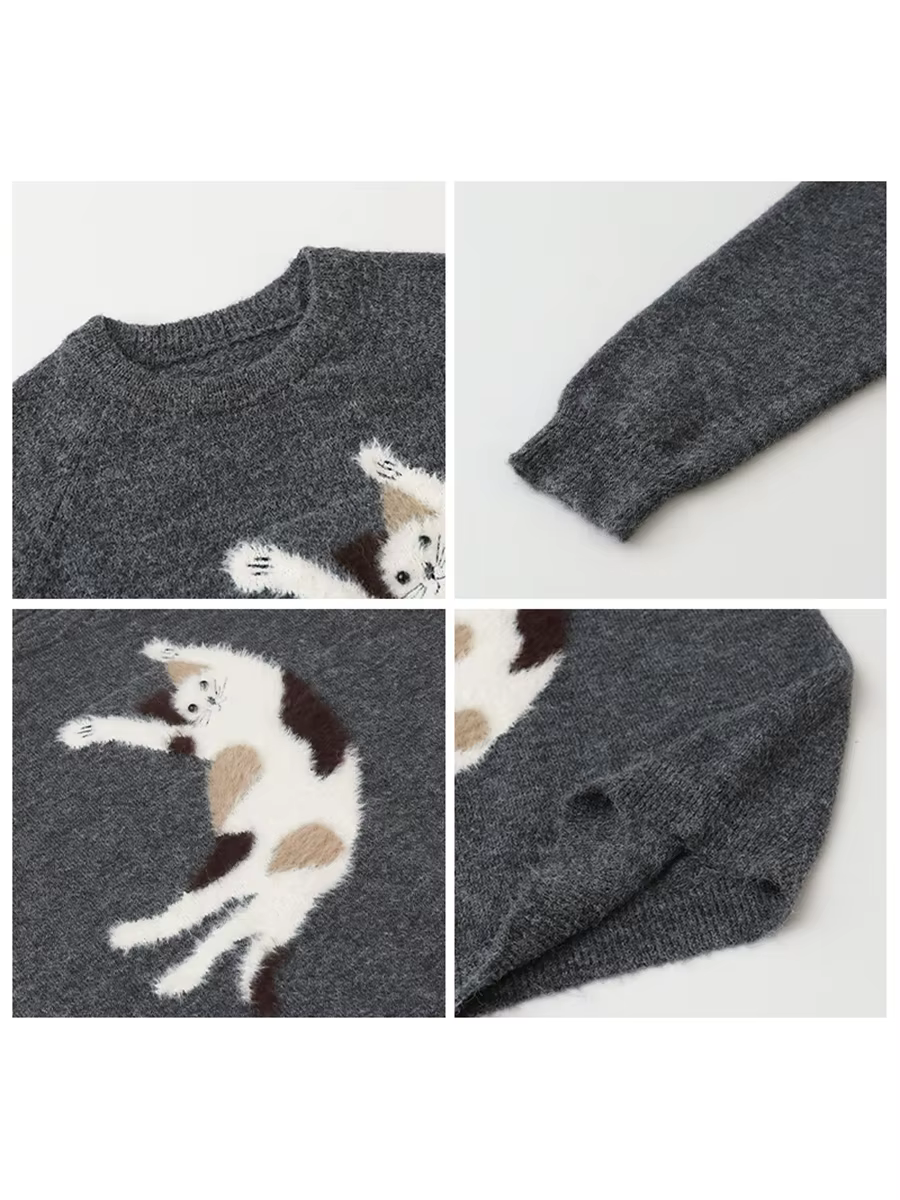 CHIC VEN femmes chandails ample décontracté O cou tricoté dessin animé chat chaud tricot pull femme 