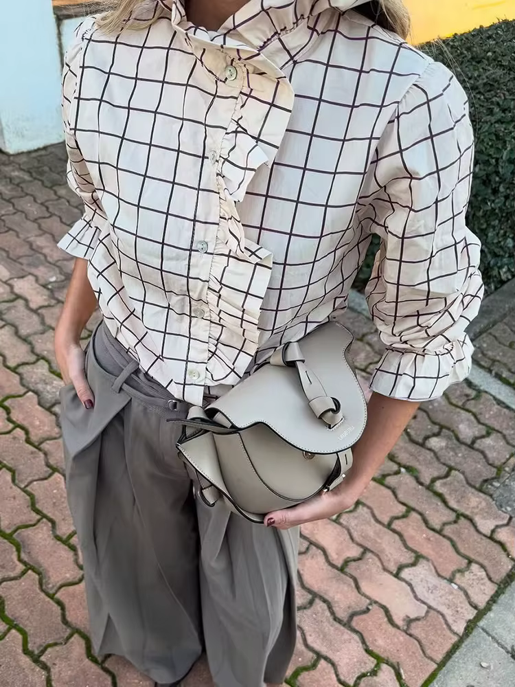 Doux femmes volants Plaid violet chemises 2025 mode dames décontracté col montant Blouses pour fête