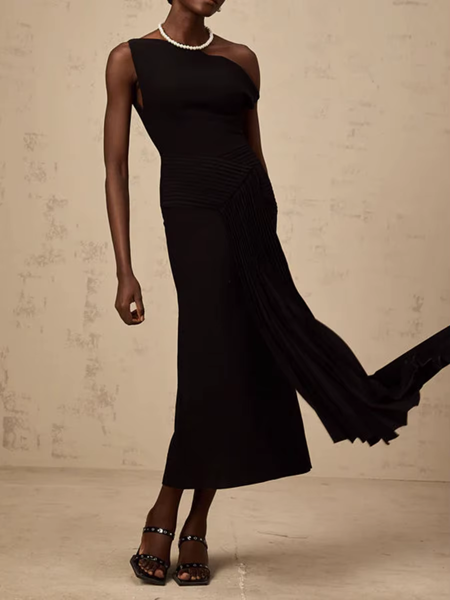 TWOTWINSTYLE – robe mi-longue élégante et amincissante pour femmes, couleur unie, col diagonal, épau