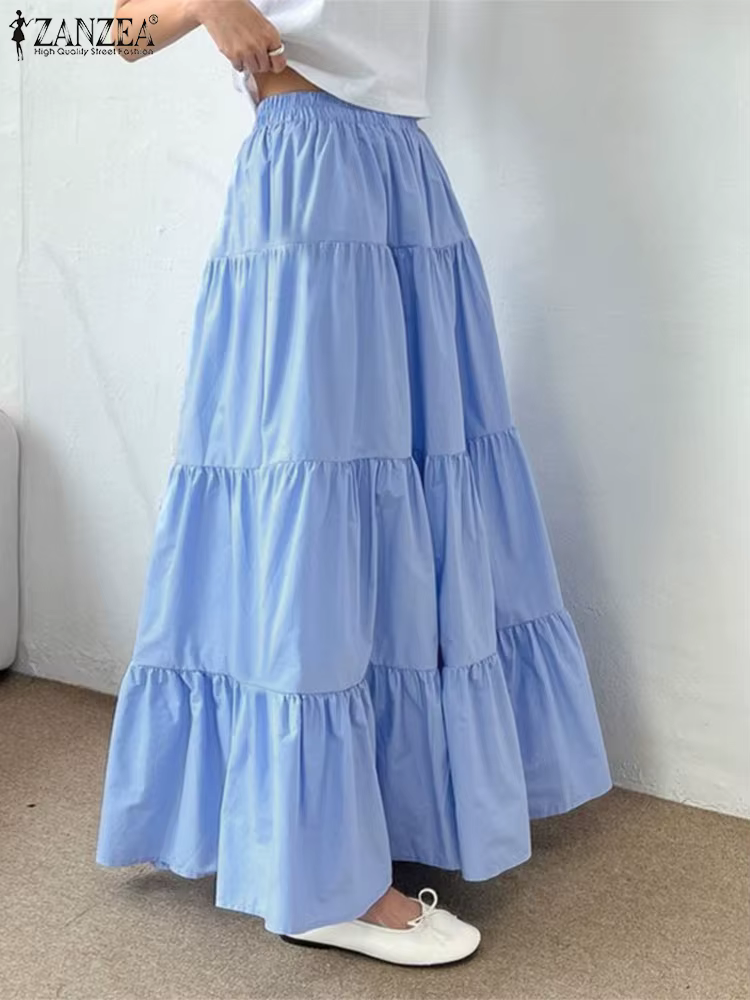 ZANZEA-Jupe Maxi à Plusieurs Niveaux pour Femmes, Taille artificiel astique, Décontracté, Solide, Do