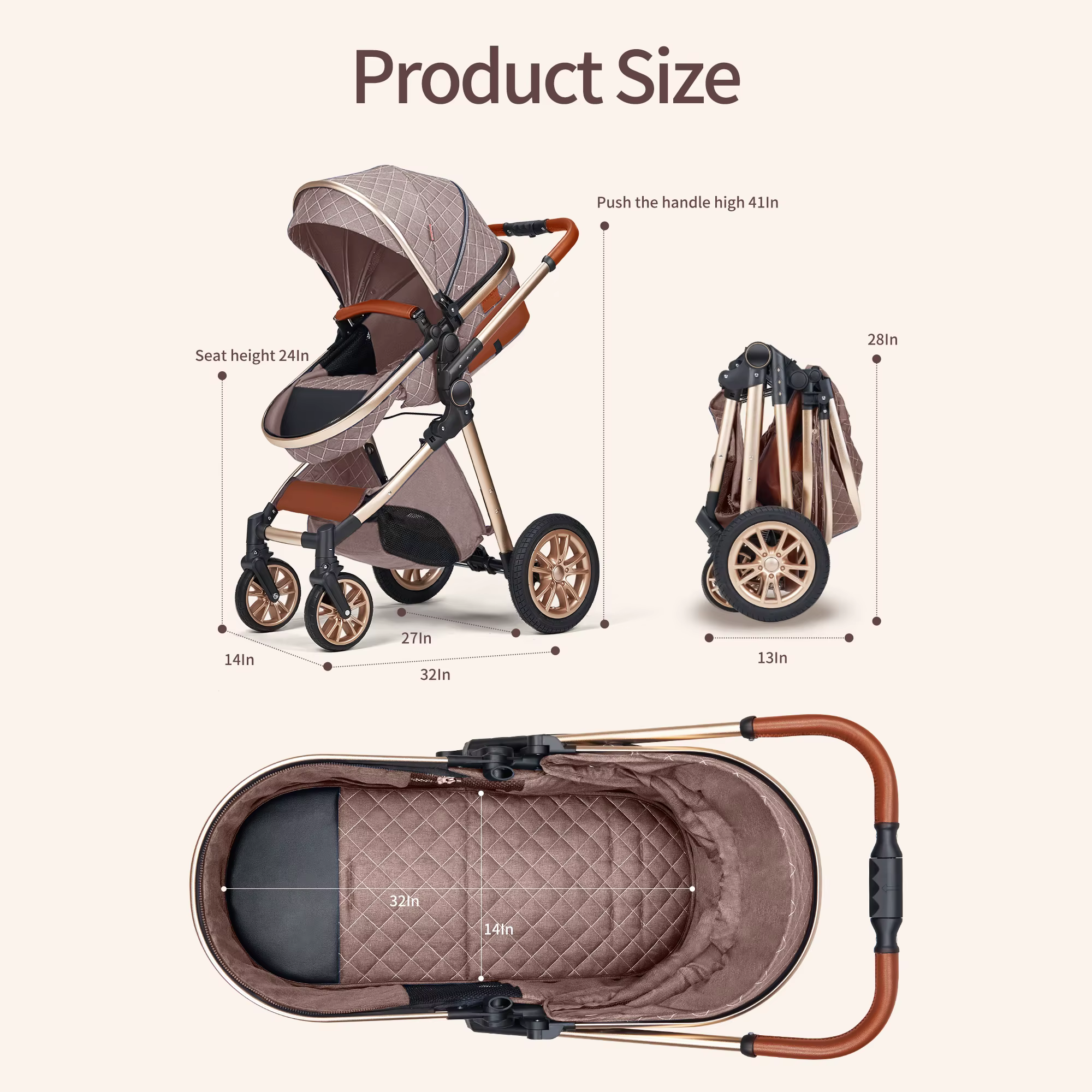 Landau de luxe 3 en 1, poussette pour bébé de paysage haut avec siège réversible, poussette pliante