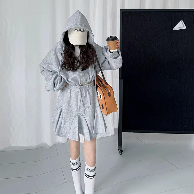 Ensemble de vêtements JK gris pour adolescentes, sweat-shirt à capuche avec lettres + jupe queue de