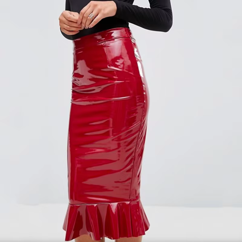 Jupe mi-longue à volants en faux latex pour femmes, jupes Hobble, cuir PU brillant, extensible, tamb