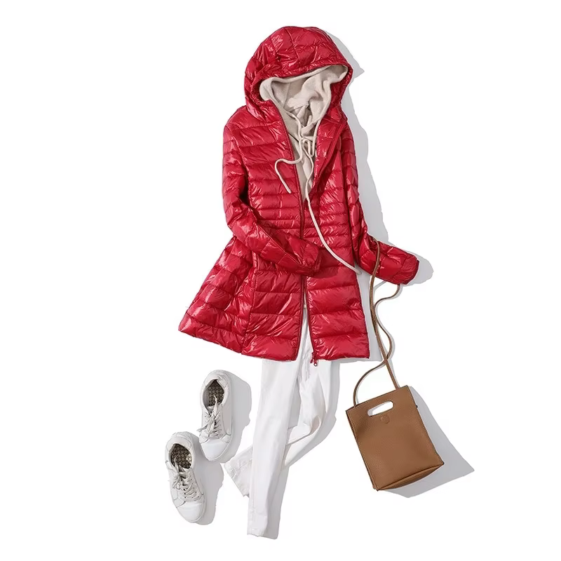 Doudoune Longue Chaude et Légère pour Femme, Manteau à Capuche, avec Sac de Rangement Portable, Long