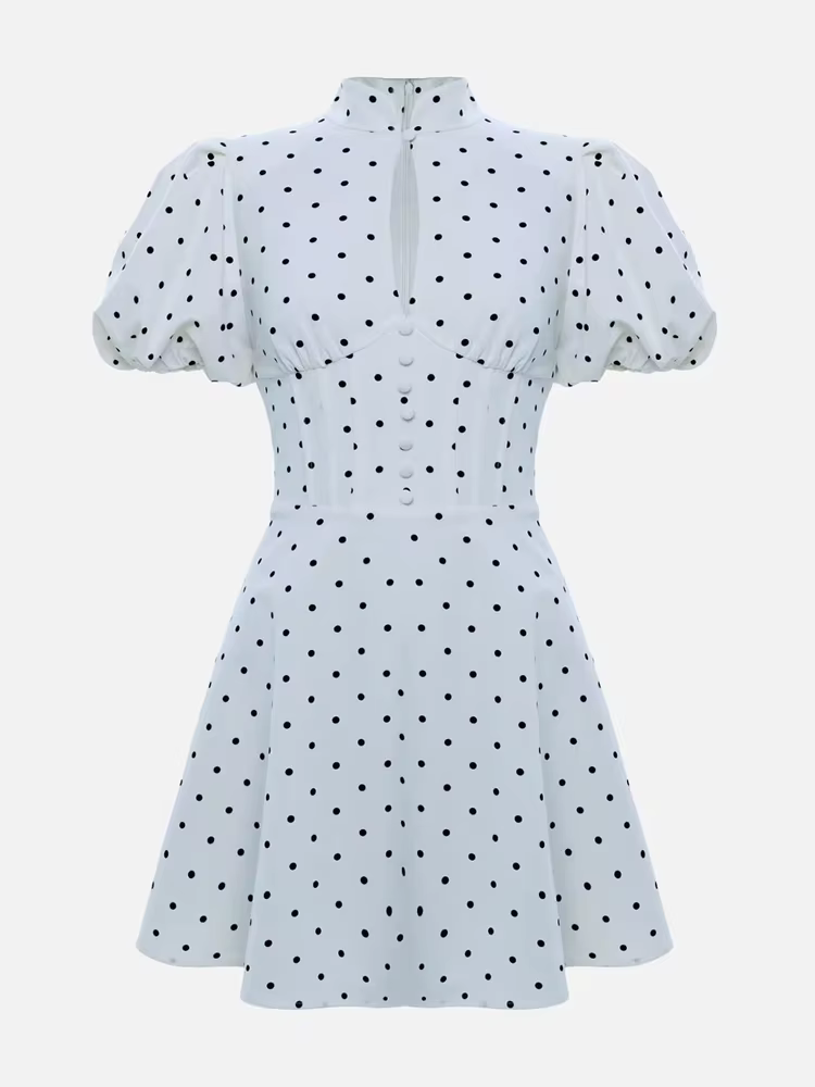 Robe Courte Rétro à Pois Coupe Trapèze pour Femme, Élégante, Col Montant, Manches Courtes Bouffantes
